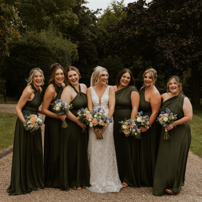 Real Bridesmaids wearing Olive Green multiway dress | Lace & Favour Real Bridesmaids wearing Olive Green multiway dress | Lace & Favour