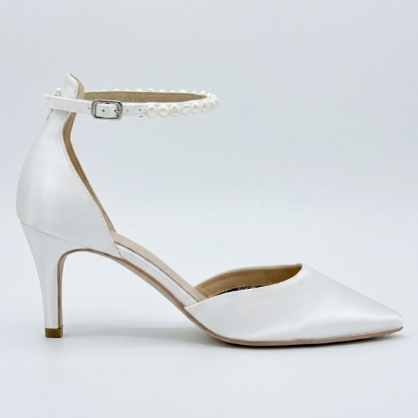 Perfect Bridal Ella Mid Dyeable Ivory Satin Keshi Pearl Ankle Strap Court Shoes