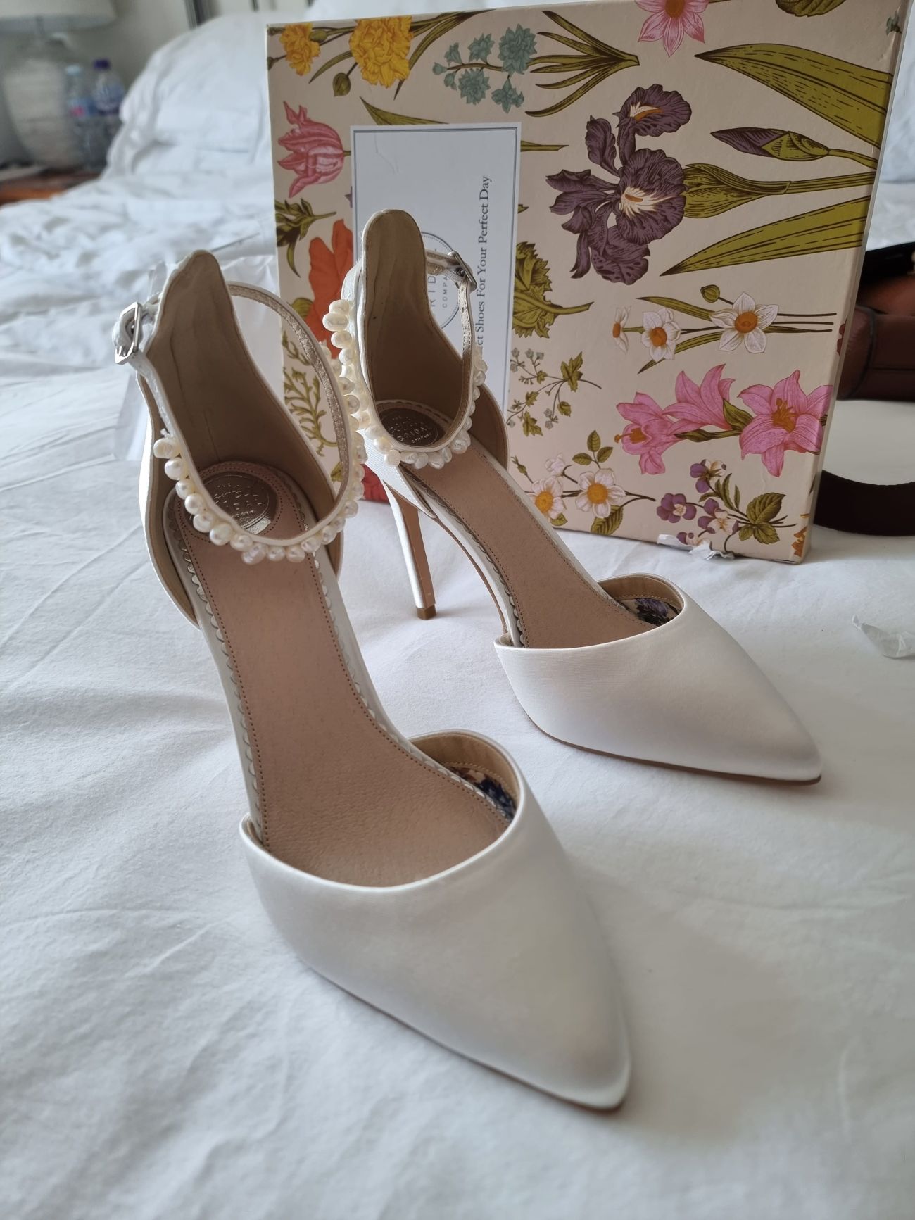 Perfect Bridal Ella Ivory Satin Keshi Pearl Ankle Strap Court Shoes