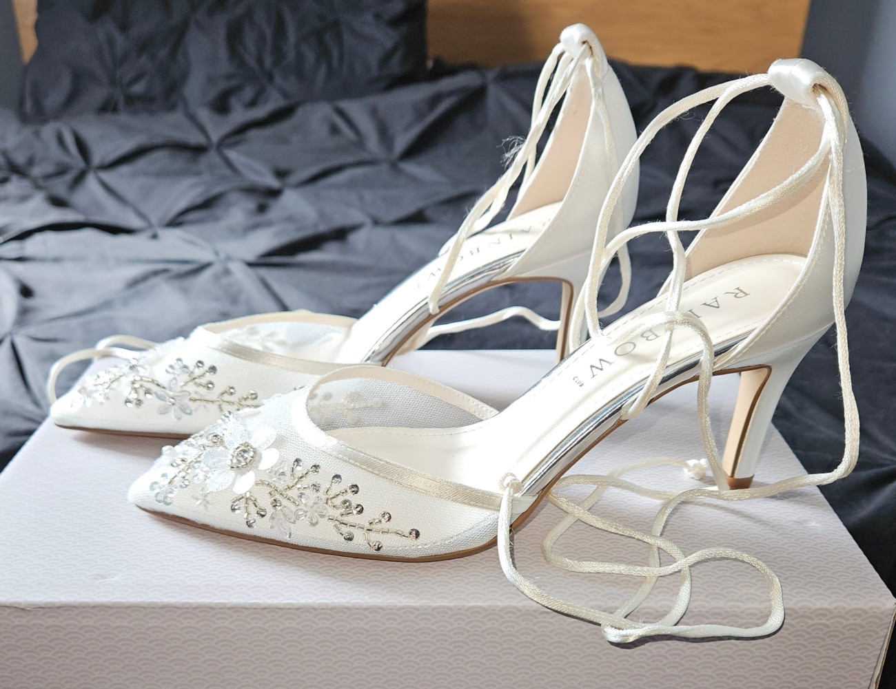 Rainbow Club Mirabella Ivory Satin and Beaded Tulle Tie Up Heels