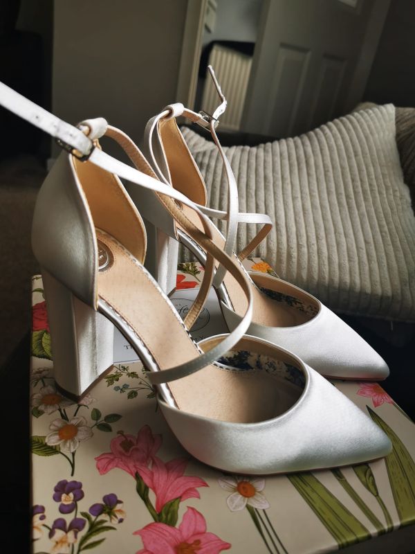 Photo of Perfect Bridal Kiera Dyeable Ivory Satin Cross Strap Block Heel Courts uploaded by K on 9th April 2021