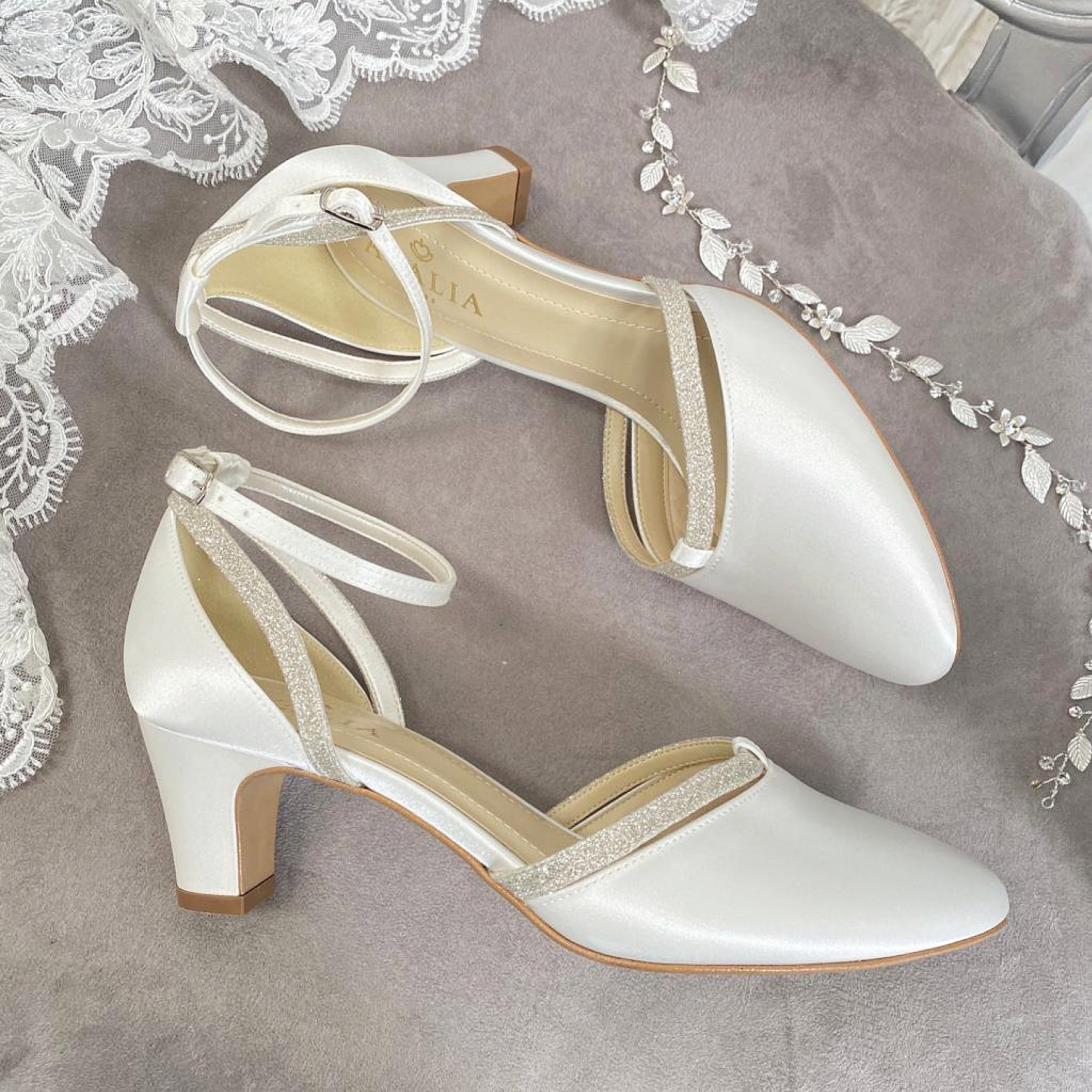 Avalia Luna Ivory Satin and Silver Glitter Ankle Strap Court Shoes