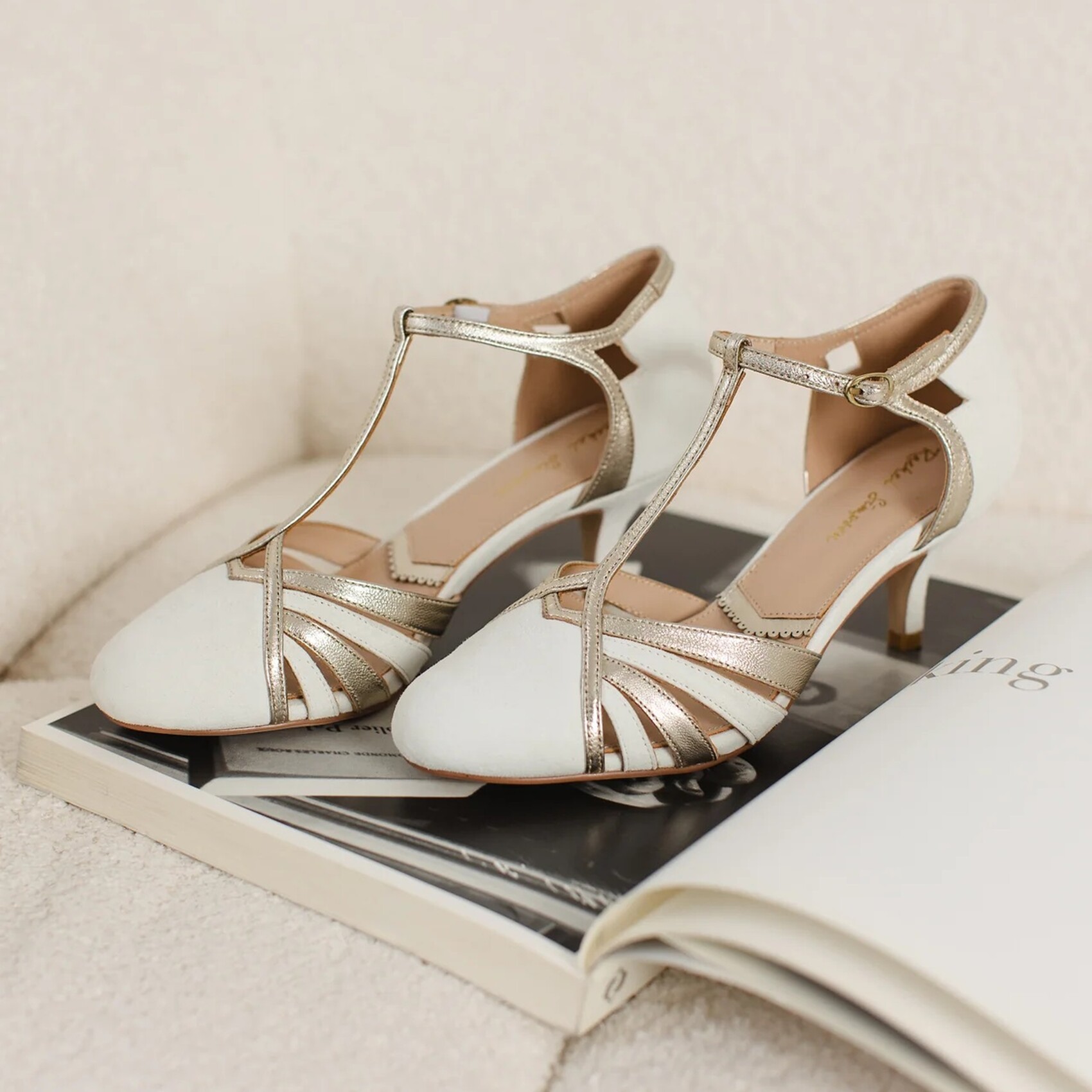 Rachel Simpson Rosie Ivory Suede Vintage Mid Heel T-Bar Shoes