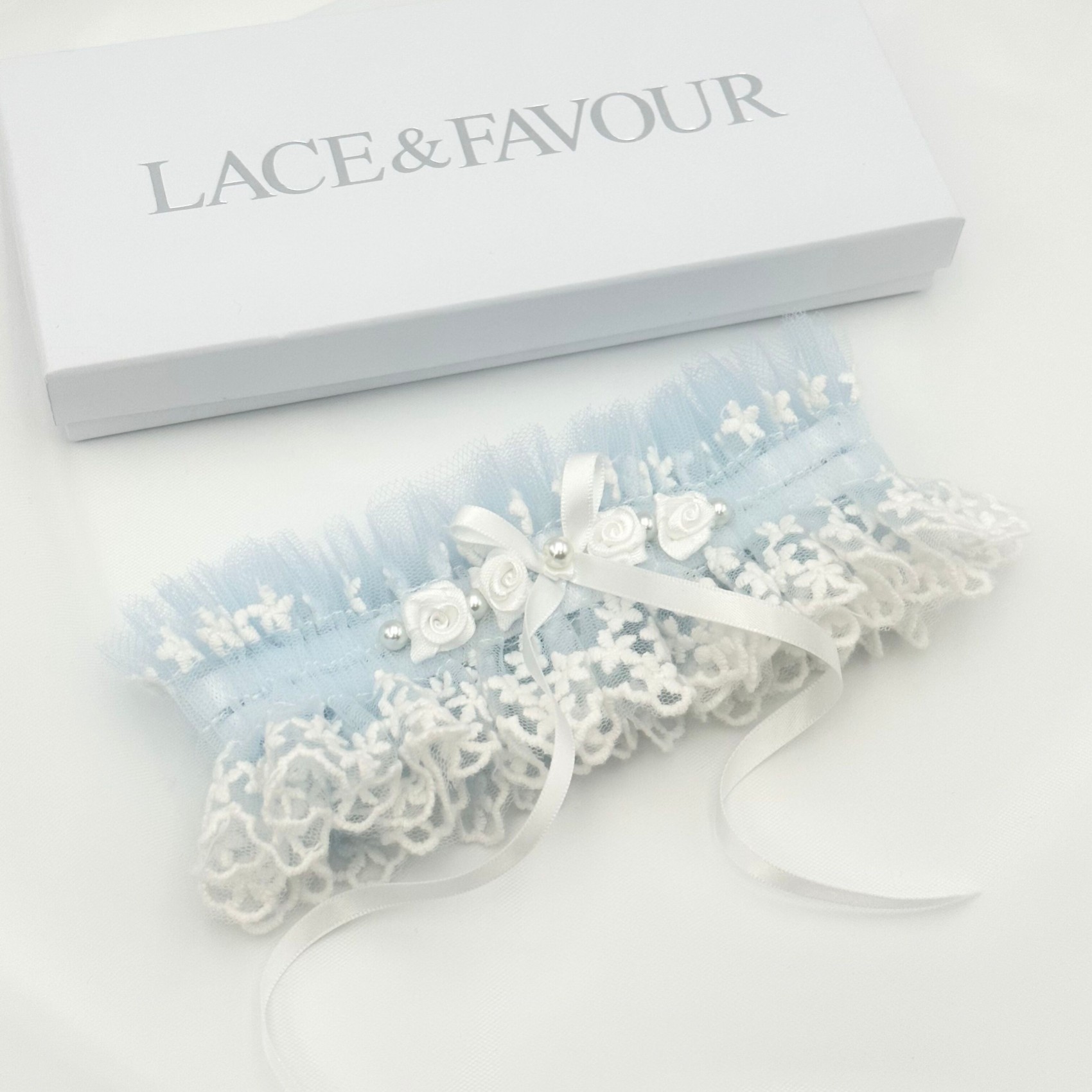 Rhapsody Blue Lace and Ivory Tulle Vintage Garter with Rose Detail