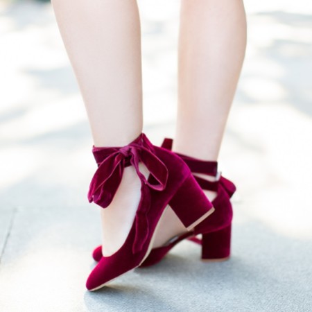 Harriet Wilde Hetty Bordo Velvet Tie Up Block Heel Court Shoes
