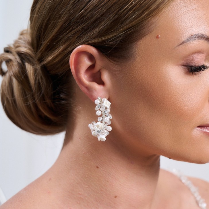 Amelia Ivory Porcelain Flower Silver Hoop Earrings