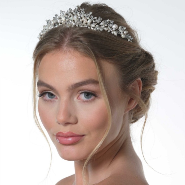 Acacia Silver Crystal Leaves and Freshwater Pearl Tiara