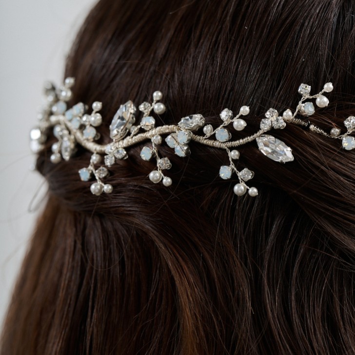 Adeline Opal Crystal and Pearl Wedding Hair Vine