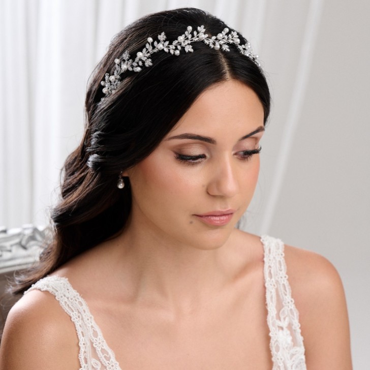 Amalfi Crystal Leaves and Pearl Wedding Headband