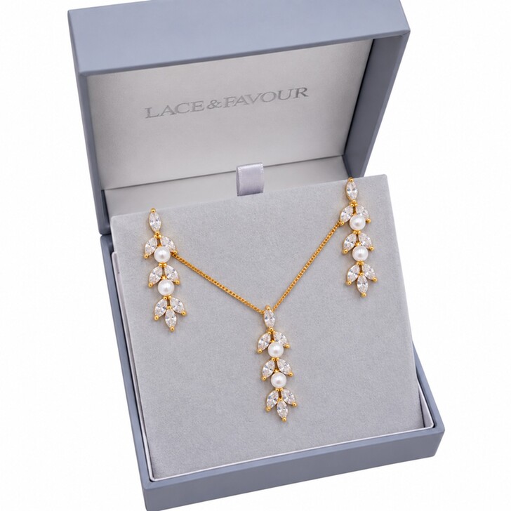 Amalia Gold Cubic Zirconia and Pearl Bridal Jewelry Set
