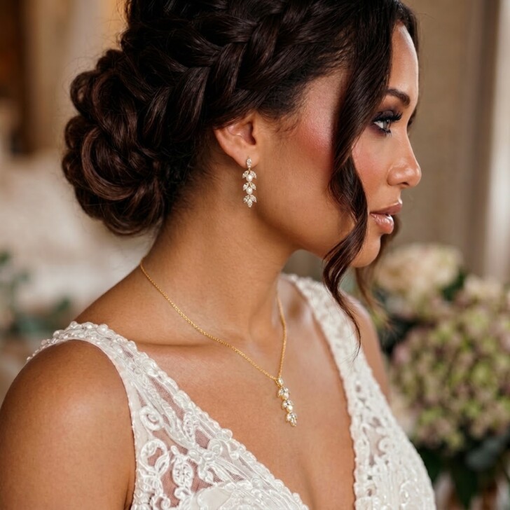 Amalia Gold Cubic Zirconia and Pearl Bridal Jewelry Set