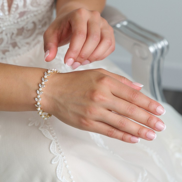 Amalia Gold Cubic Zirconia and Pearl Wedding Bracelet