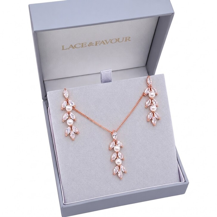 Amalia Rose Gold Cubic Zirconia and Pearl Bridal Jewellery Set