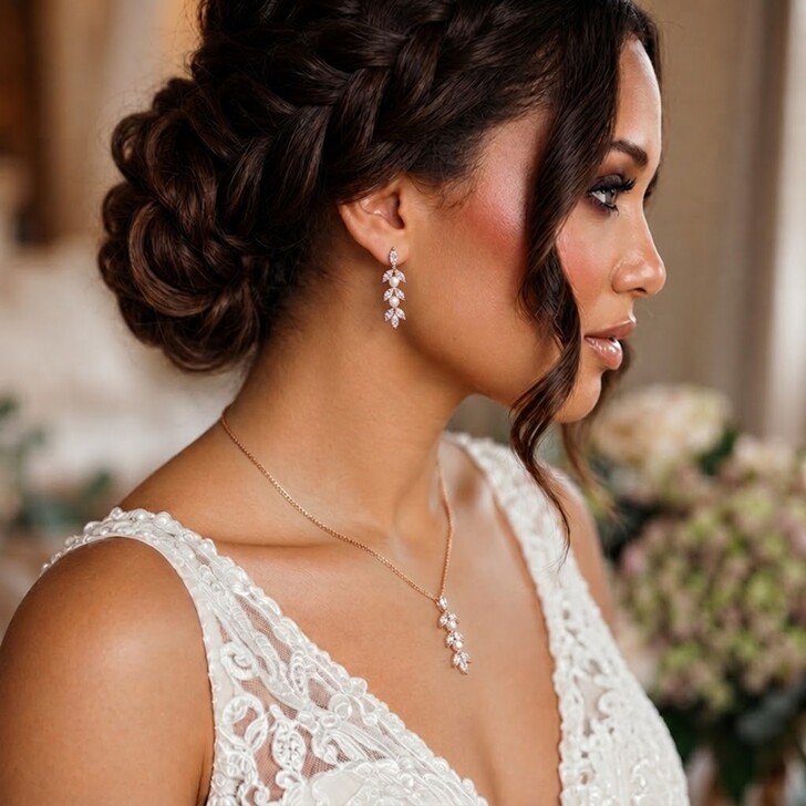 Amalia Rose Gold Cubic Zirconia and Pearl Bridal Jewellery Set