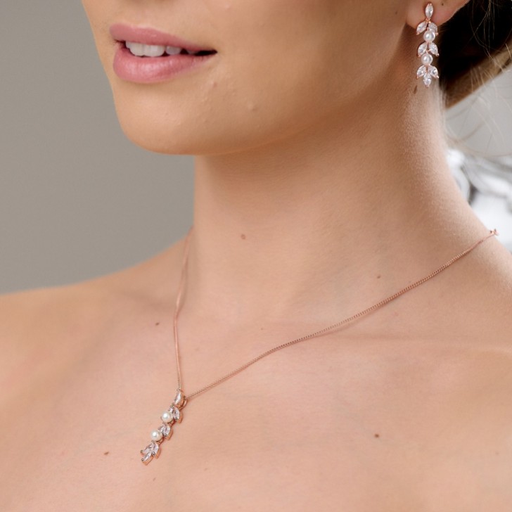Amalia Rose Gold Cubic Zirconia and Pearl Pendant Necklace