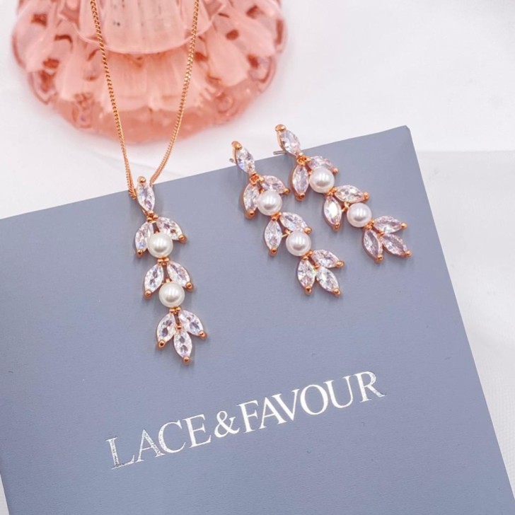 Amalia Rose Gold Cubic Zirconia and Pearl Bridal Jewellery Set