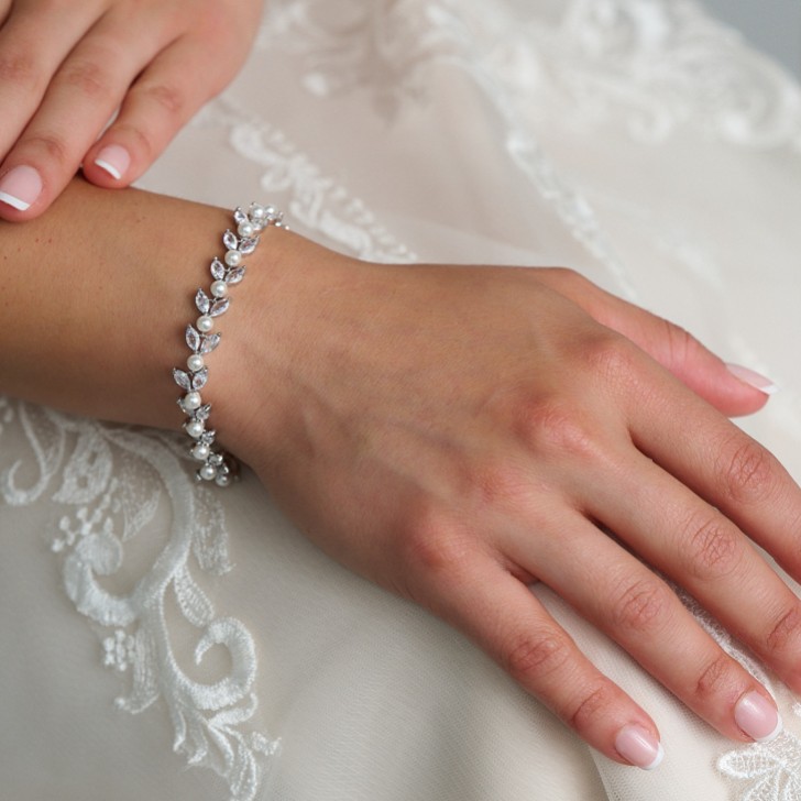 Amalia Silver Cubic Zirconia and Pearl Wedding Bracelet