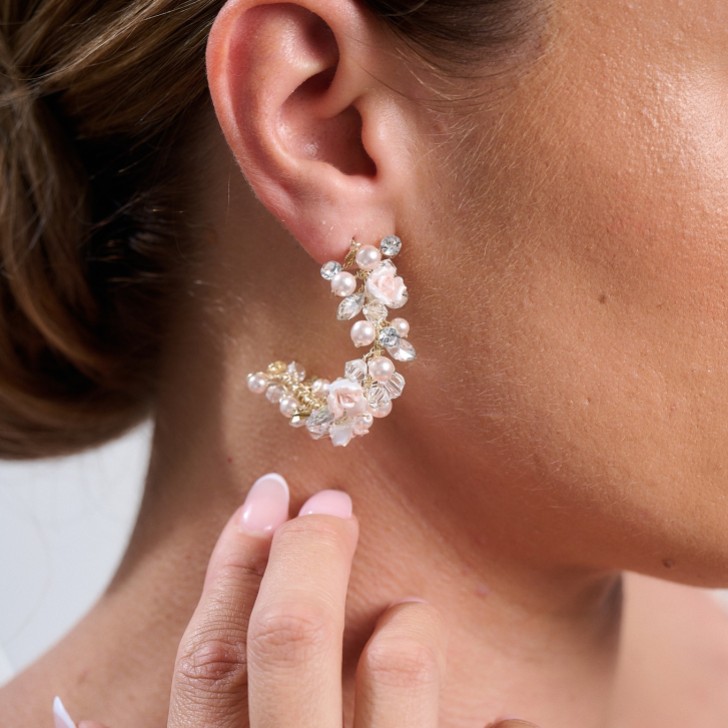 Amelia Blush Porcelain Flower Gold Hoop Ears