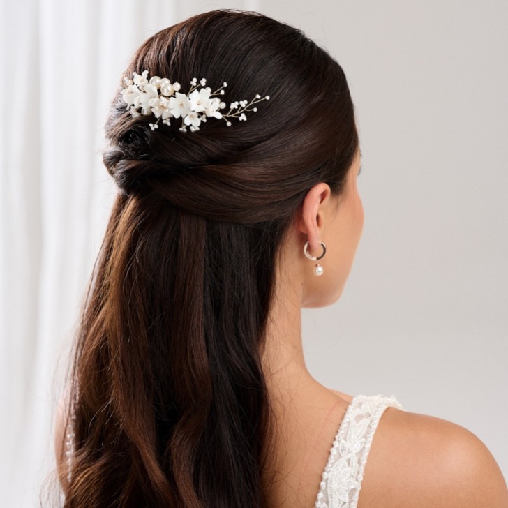 Anemone Ivory Porcelain Flowers and Pearl Wedding Hair Comb (Gold)