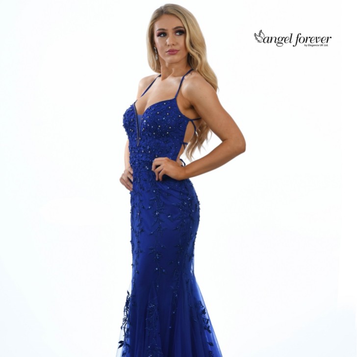 Angel Forever Beaded Lace Backless Fishtail Prom Dress (Royal Blue)