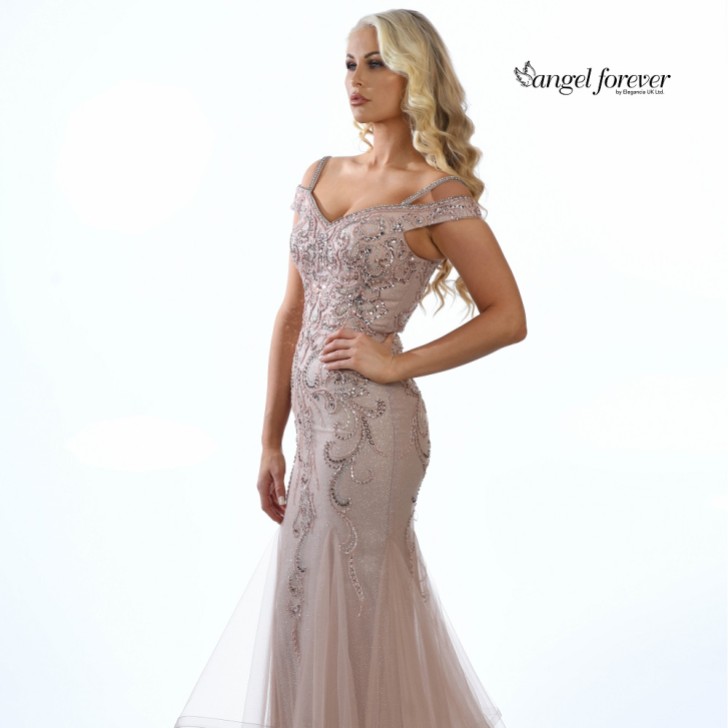 Angel Forever Embellished Shimmer Tulle Fishtail Prom Dress (Rose Gold)