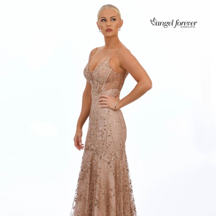 Angel Forever Glitter Lace Fitted Corset Prom Dress (Rose Gold)