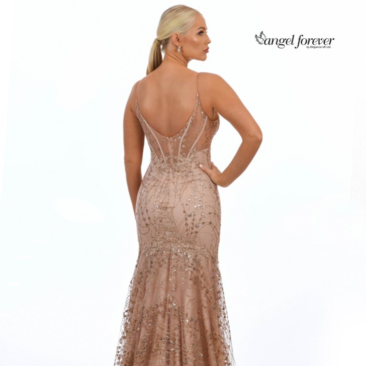 Angel Forever Glitter Lace Fitted Corset Prom Dress (Rose Gold)