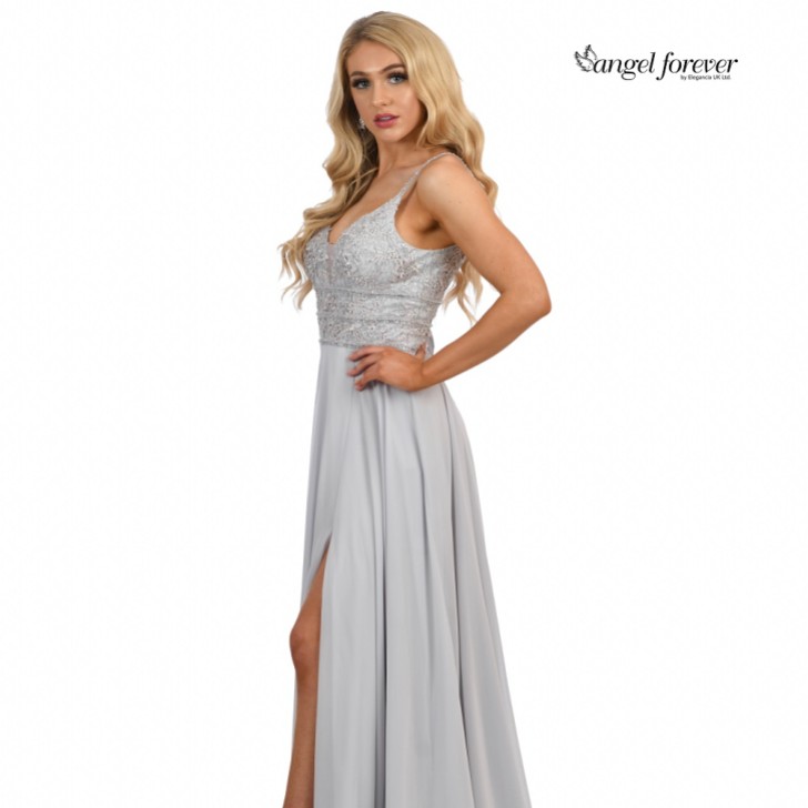 Angel Forever Beaded Lace A Line Chiffon Prom Dress with Slit (Silver)