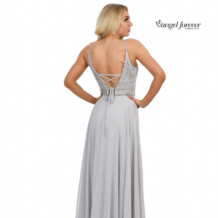 Angel Forever Beaded Lace A Line Chiffon Prom Dress with Slit (Silver)