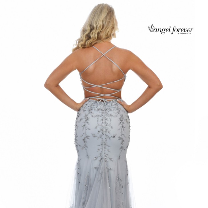 Angel Forever Beaded Lace Backless Fishtail Prom Dress (Silver)