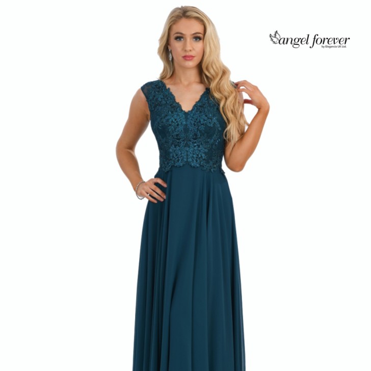 Angel Forever V Neck A Line Chiffon Prom Dress with Lace Bodice (Teal)