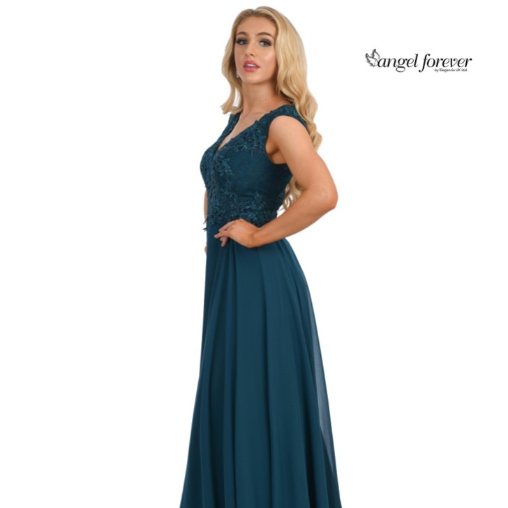 Angel Forever V Neck A Line Chiffon Prom Dress with Lace Bodice (Teal)