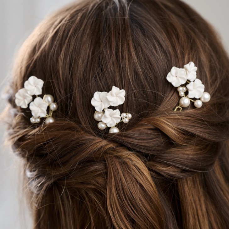 Arianna Set of 3 Porcelain Flower and Pearl Hair Pins ARP719