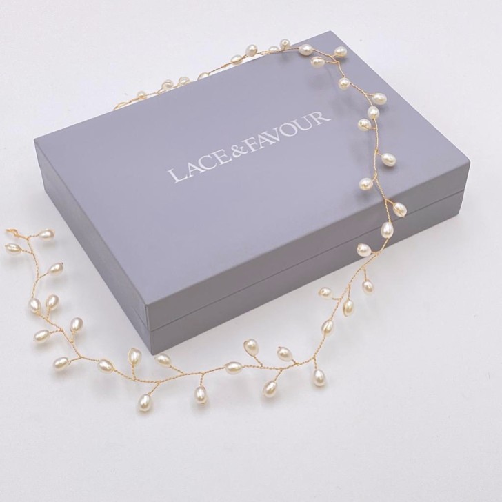 Aruba Long Delicate Pearl Wedding Hair Vine (Gold)