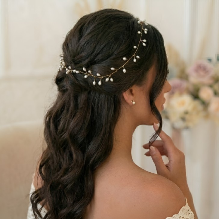 Aruba, lungo e delicato filo di perle per capelli da sposa (oro)