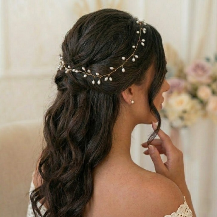 Aruba Long Delicate Pearl Wedding Hair Vine (Gold)