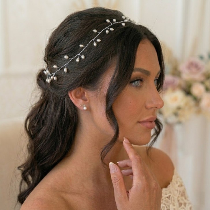 Aruba Long Delicate Pearl Wedding Hair Vine (Silver)