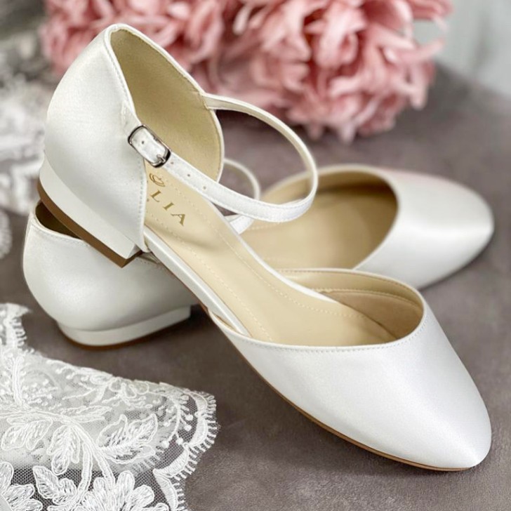 Avalia Sissi Ivory Satin Flat Wedding Shoes with Ankle Strap