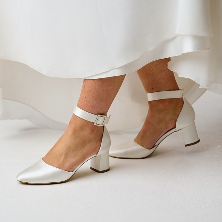 Avalia Vera Ivory Satin Wide Ankle Strap Block Heel Shoes