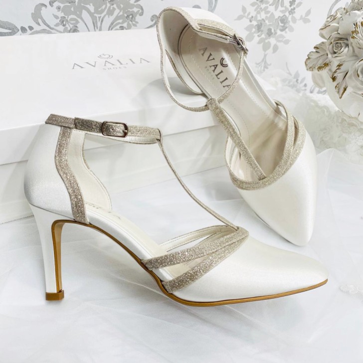 Avalia Wilma Ivory Satin and Silver Glitter T-Bar Shoes