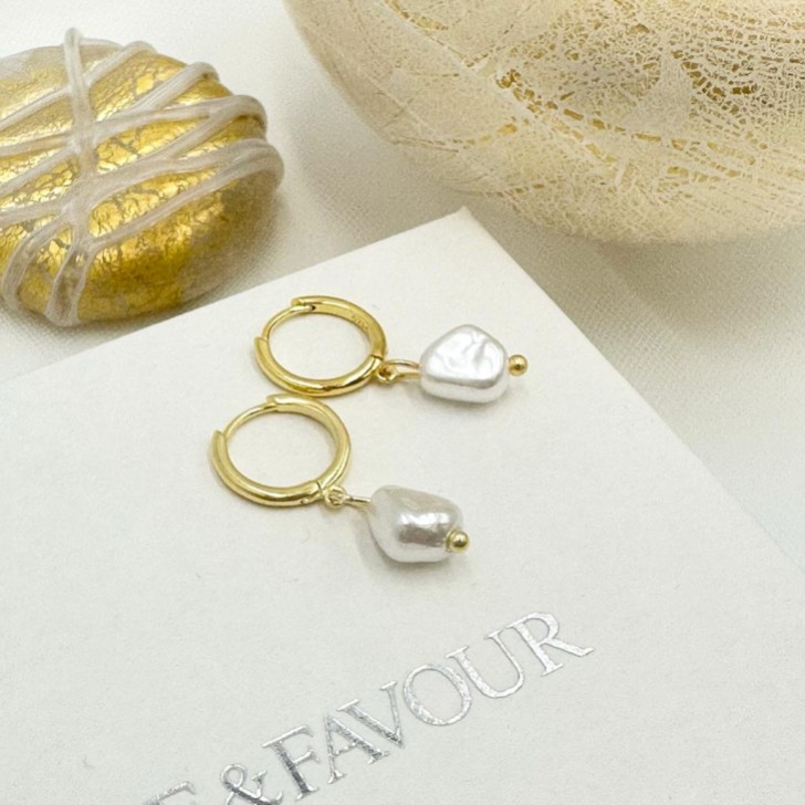 Bali Gold Freshwater Pearl Huggie Hoop Earrings