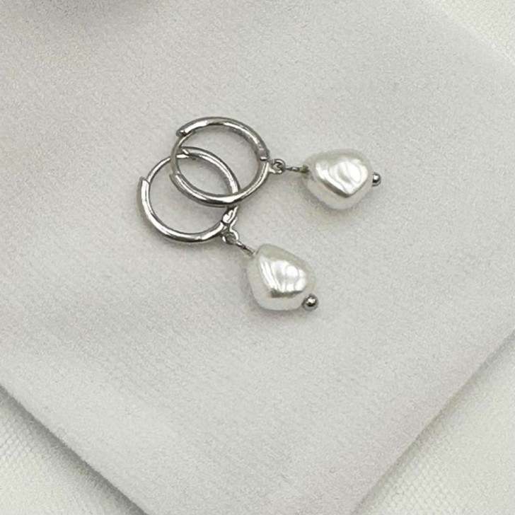 Bali Silver Freshwater Pearl Huggie Hoop Earrings
