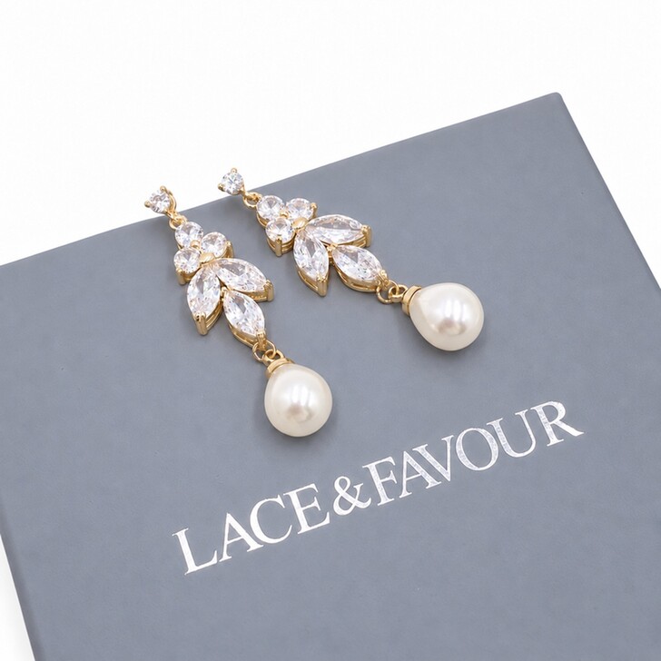 Barcelona Gold Crystal and Pearl Drop Earrings 