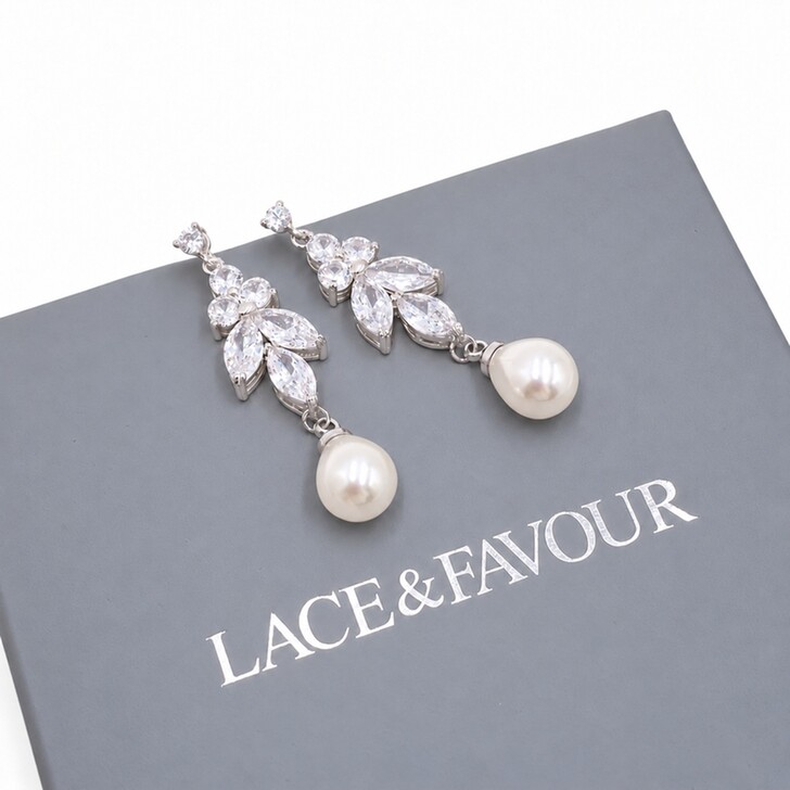 Barcelona Silver Crystal and Pearl Drop Earrings