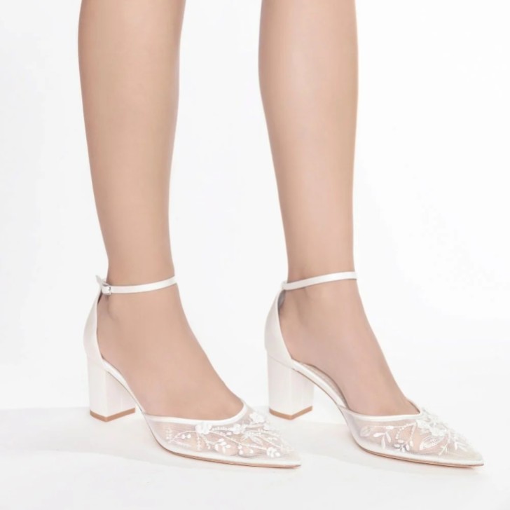 Bella Belle Thea Ivory Floral Embroidered Mesh Ankle Strap Block Heels