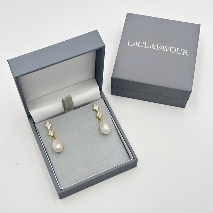 Beth Gold Floral Crystal and Teardrop Pearl Earrings