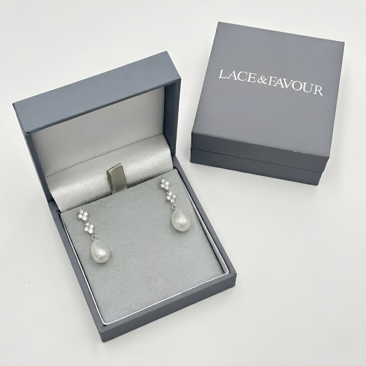Beth Silver Floral Crystal and Teardrop Pearl Earrings