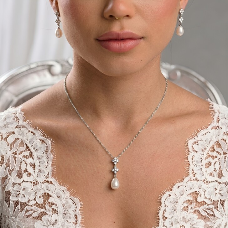 Beth Silver Floral Crystal and Teardrop Pearl Pendant Necklace