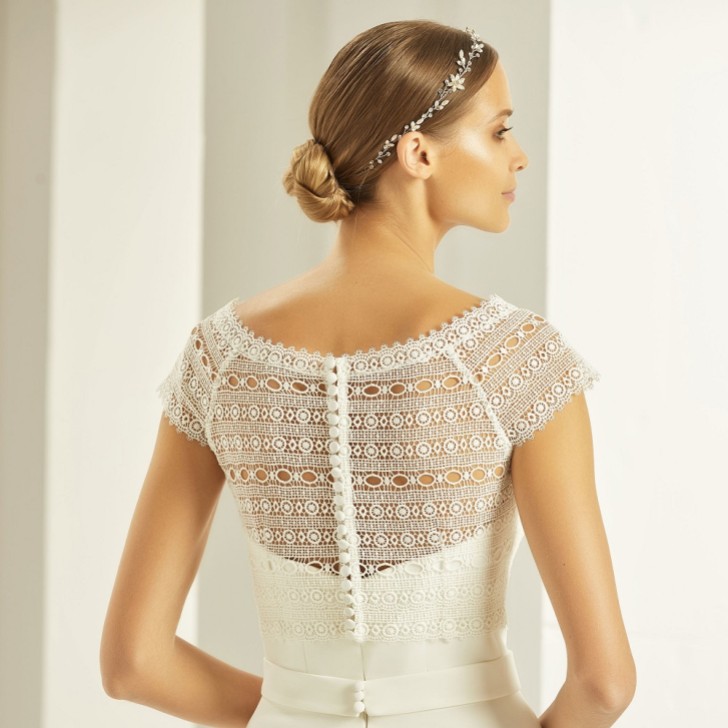 Bolero de boda de encaje boho en color marfil blanco, de manga corta, E278