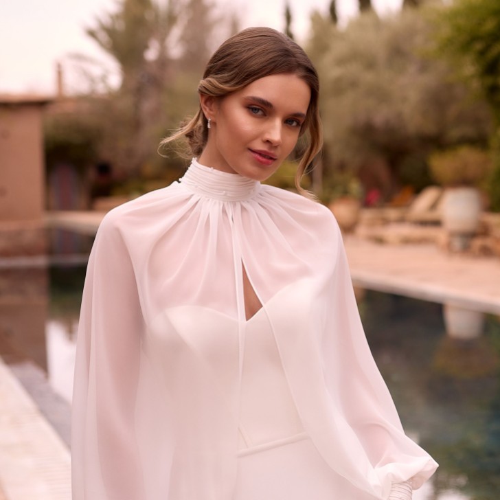 Bianco Elfenbein Chiffon Brautoberteil mit Bischofsärmeln E491